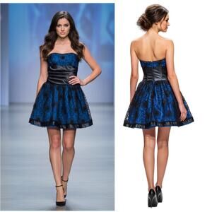 Gunne Sax Jessica McClintock Party Dress Jr Sz 7 Blue Black Strapless Tulle Mini